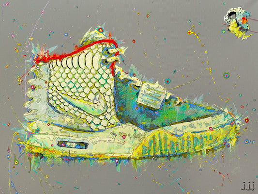 Acrylic painting on canvas of Air Yeezy 2 "Pure Platinum" | Emerging contemporary artist Kate Jensen  | Katejjj.shop