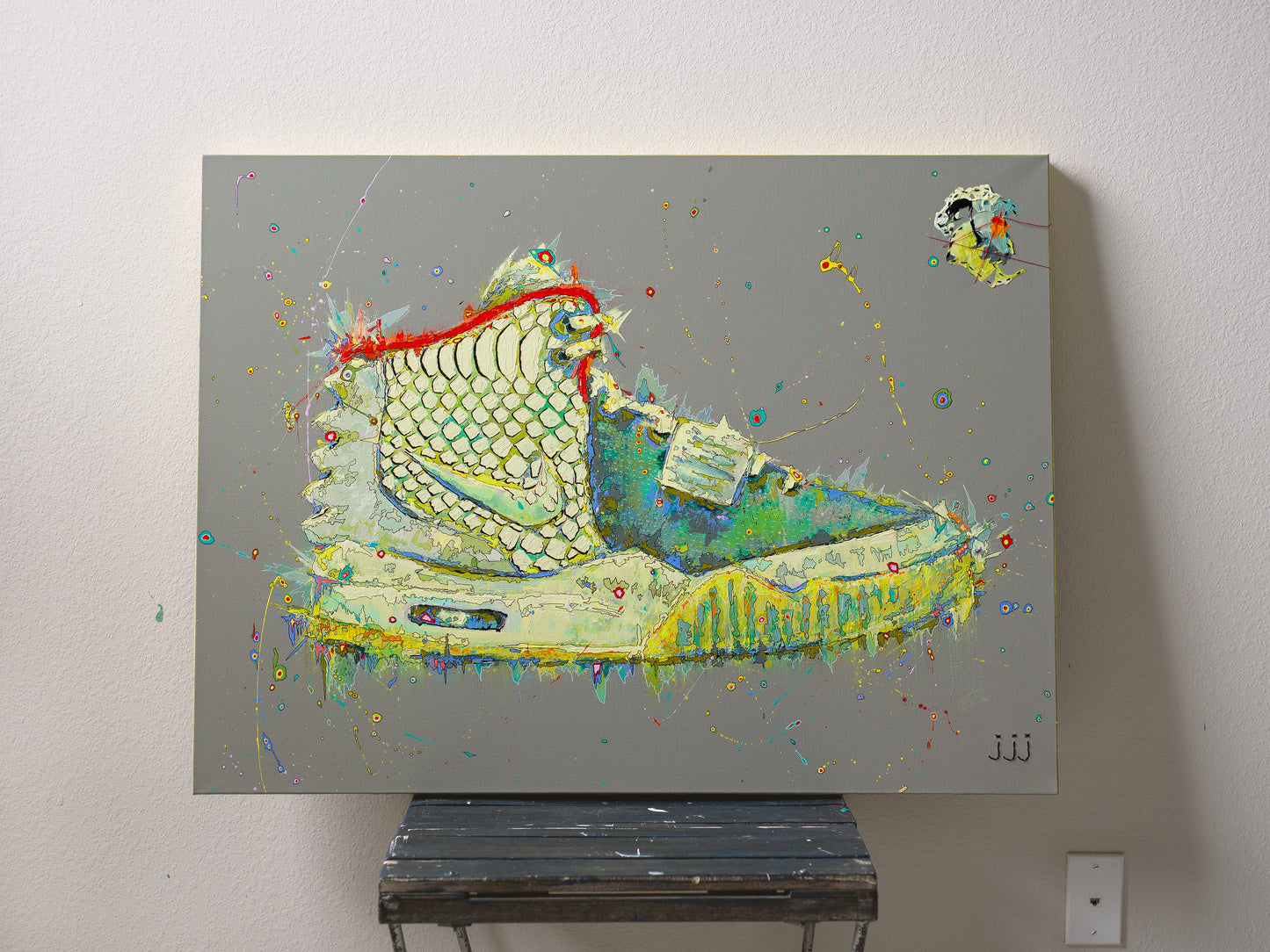 Acrylic painting on canvas of Air Yeezy 2 "Pure Platinum" | Emerging contemporary artist Kate Jensen | Katejjj.shop