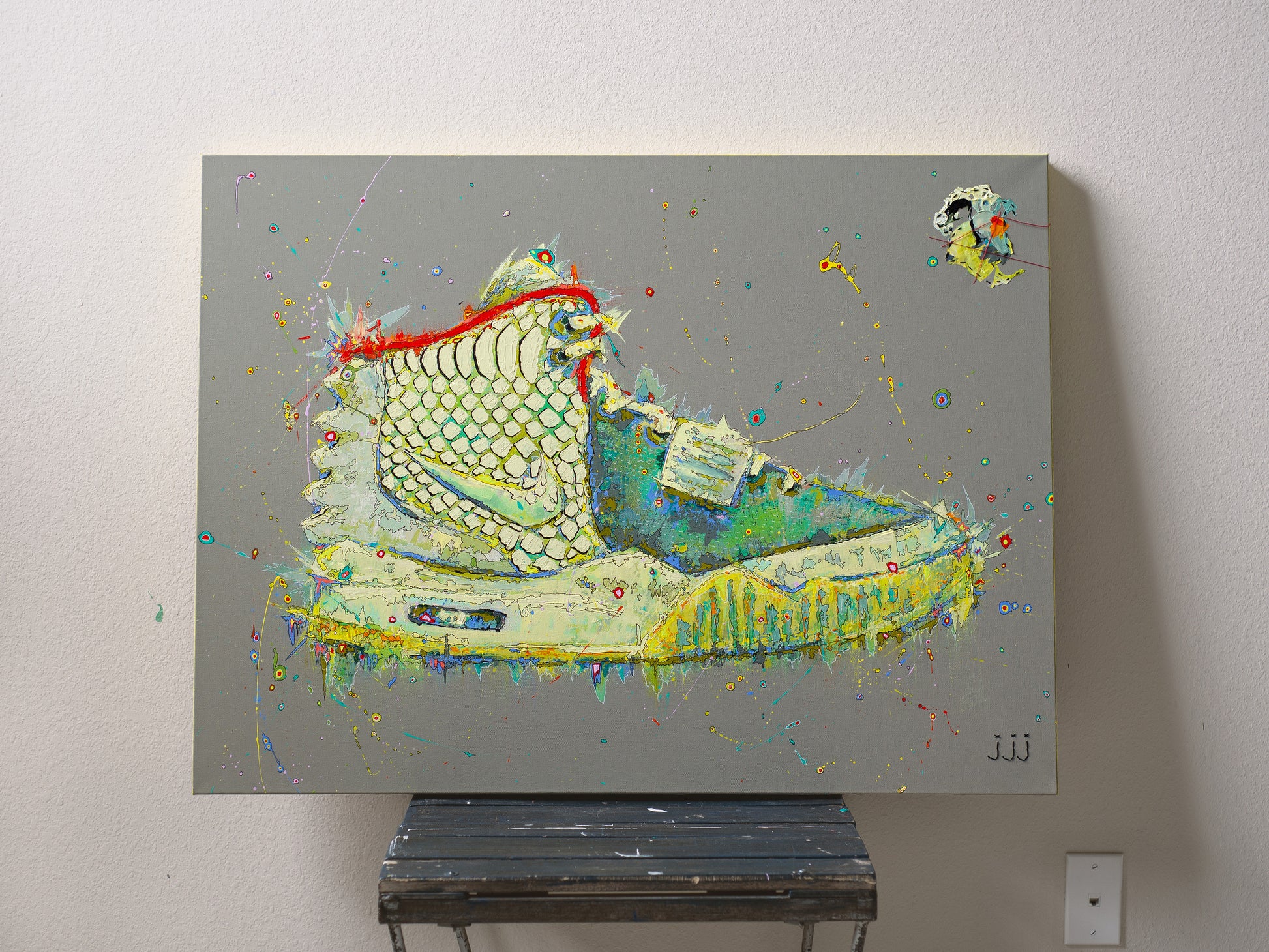 Acrylic painting on canvas of Air Yeezy 2 "Pure Platinum" | Emerging contemporary artist Kate Jensen  | Katejjj.shop