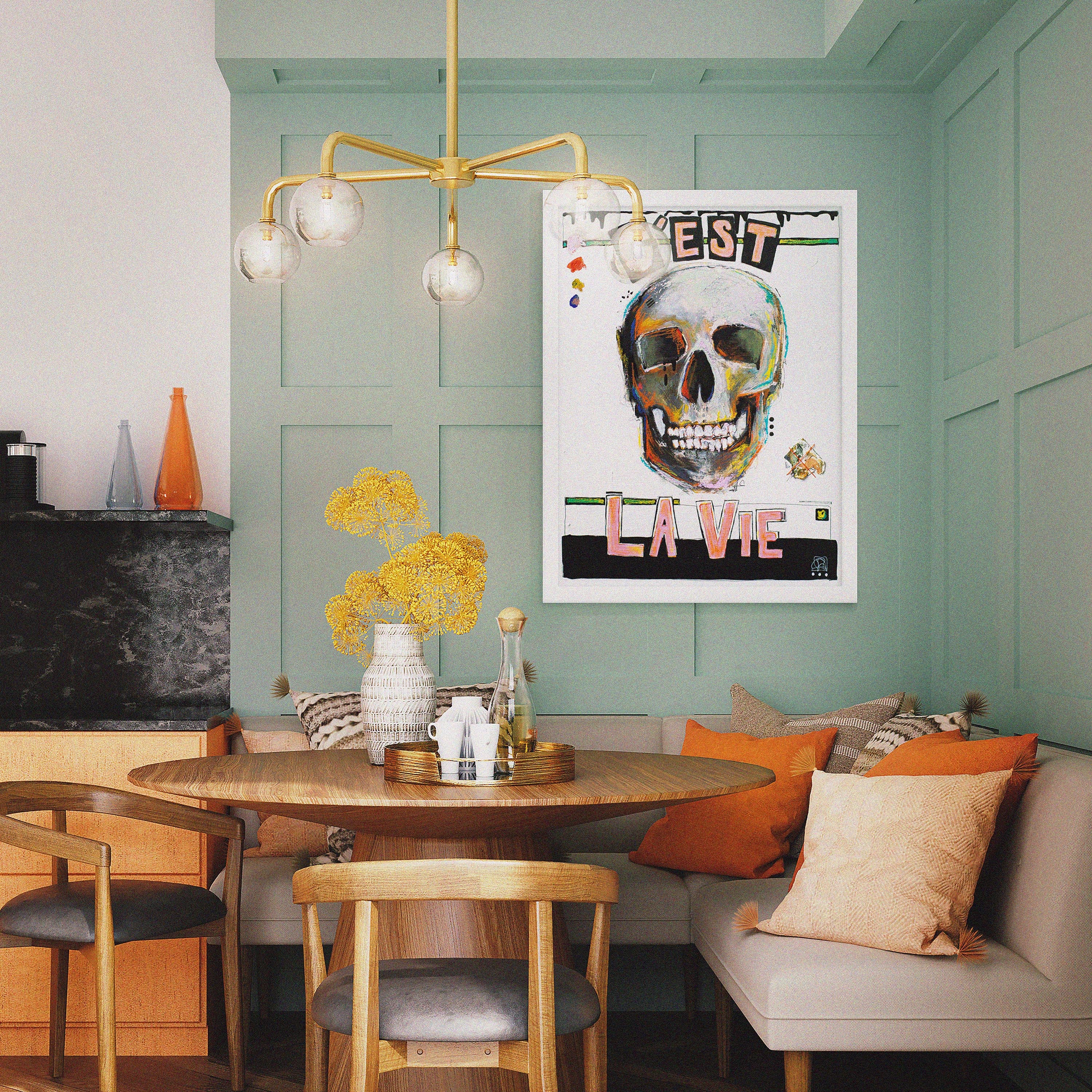 Lifestyle photograph of framed print above a modern kitchen nook, "C'est La Vie," a mixed-media original painting by Kate.jjj.