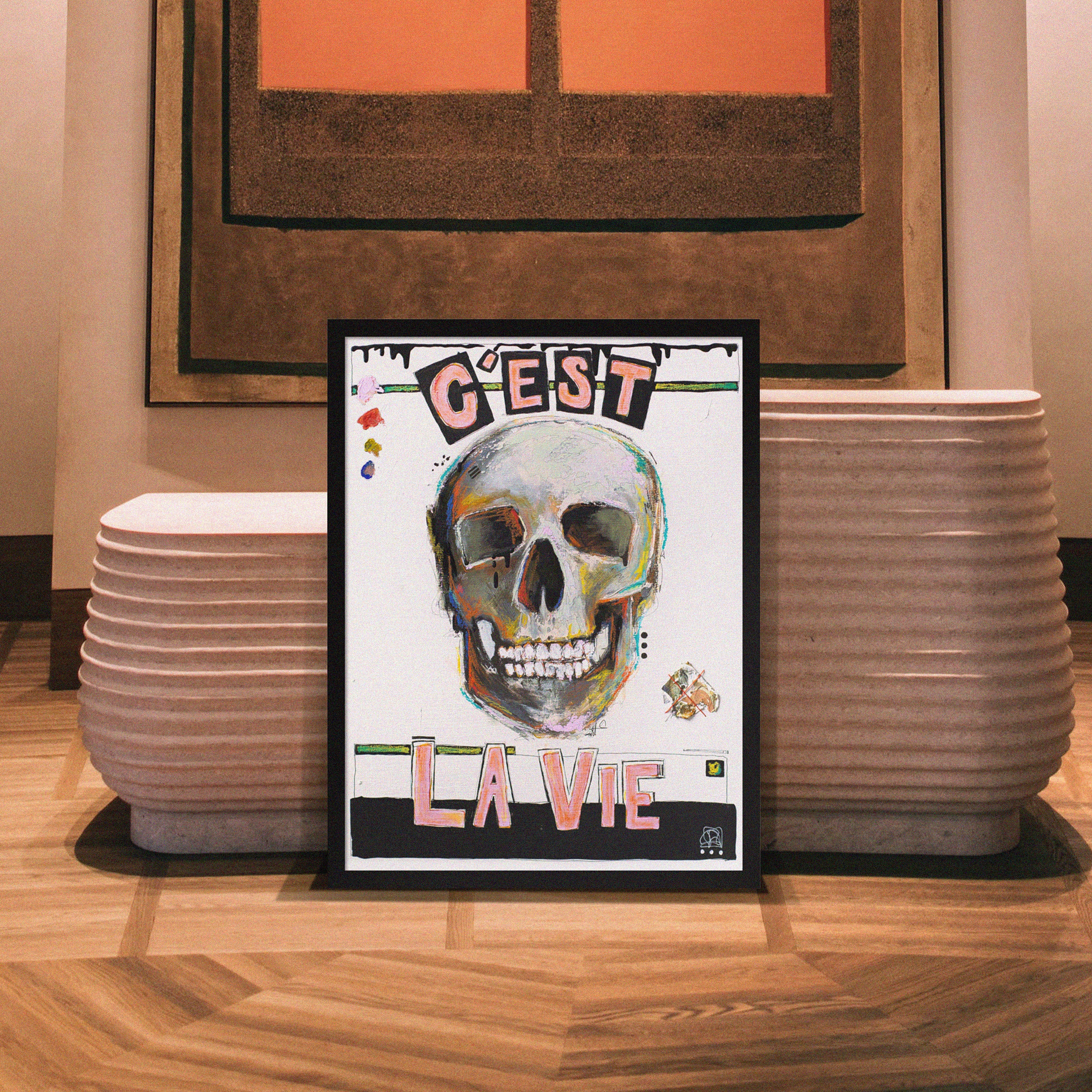 Image of framed print, "C'est La Vie," in hotel lobby. An original, mixed media painting by Kate.jjj.