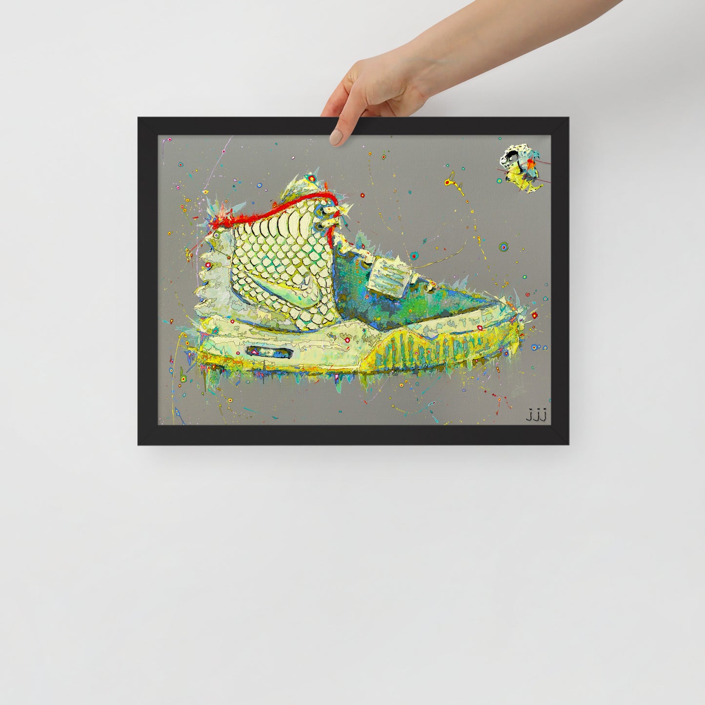 "Fine art framed print on matte paper of Air Yeezy 2 "Pure Platinum" painting | Emerging contemporary artist Kate Jensen | Katejjj.shop"