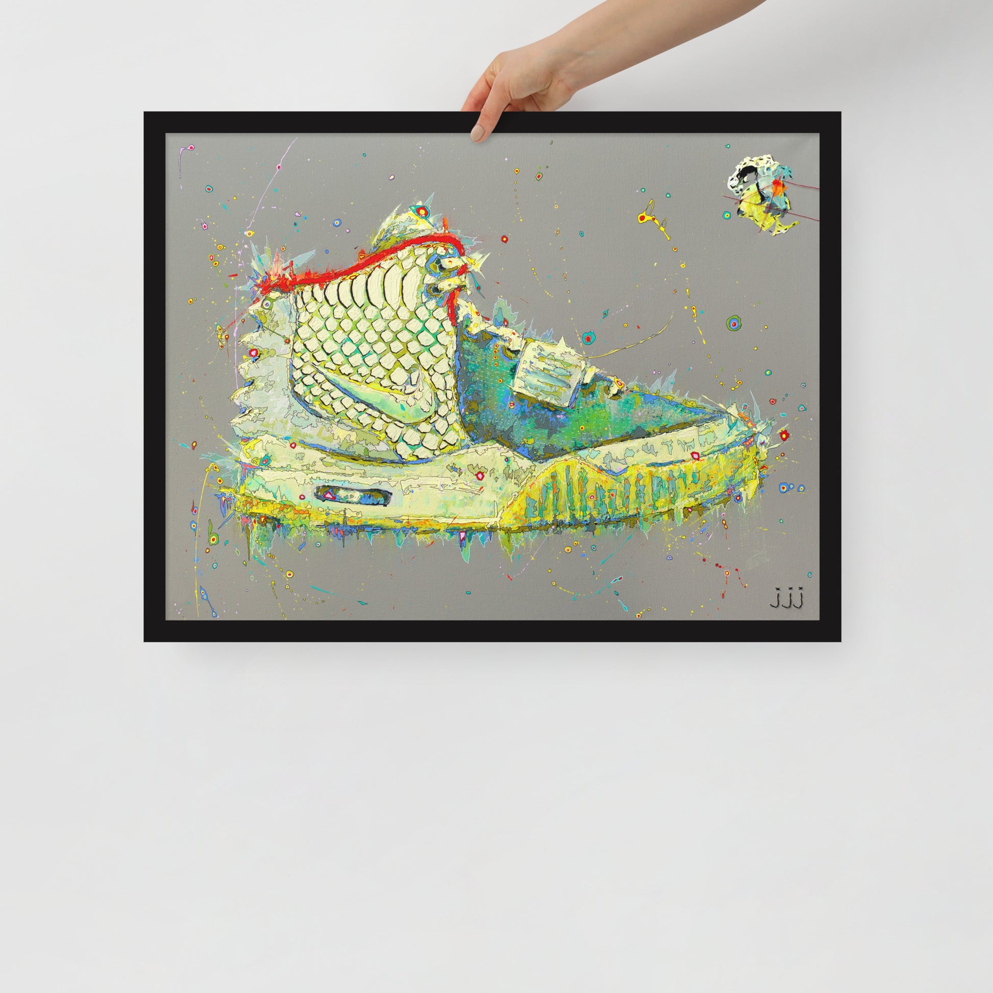 "Fine art framed print on matte paper of Air Yeezy 2 "Pure Platinum" painting | Emerging contemporary artist Kate Jensen  | Katejjj.shop"