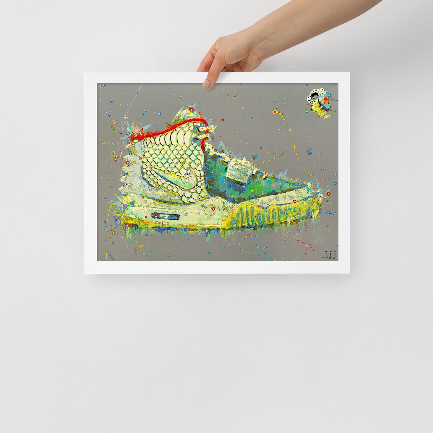 "Fine art framed print on matte paper of Air Yeezy 2 "Pure Platinum" painting | Emerging contemporary artist Kate Jensen | Katejjj.shop"