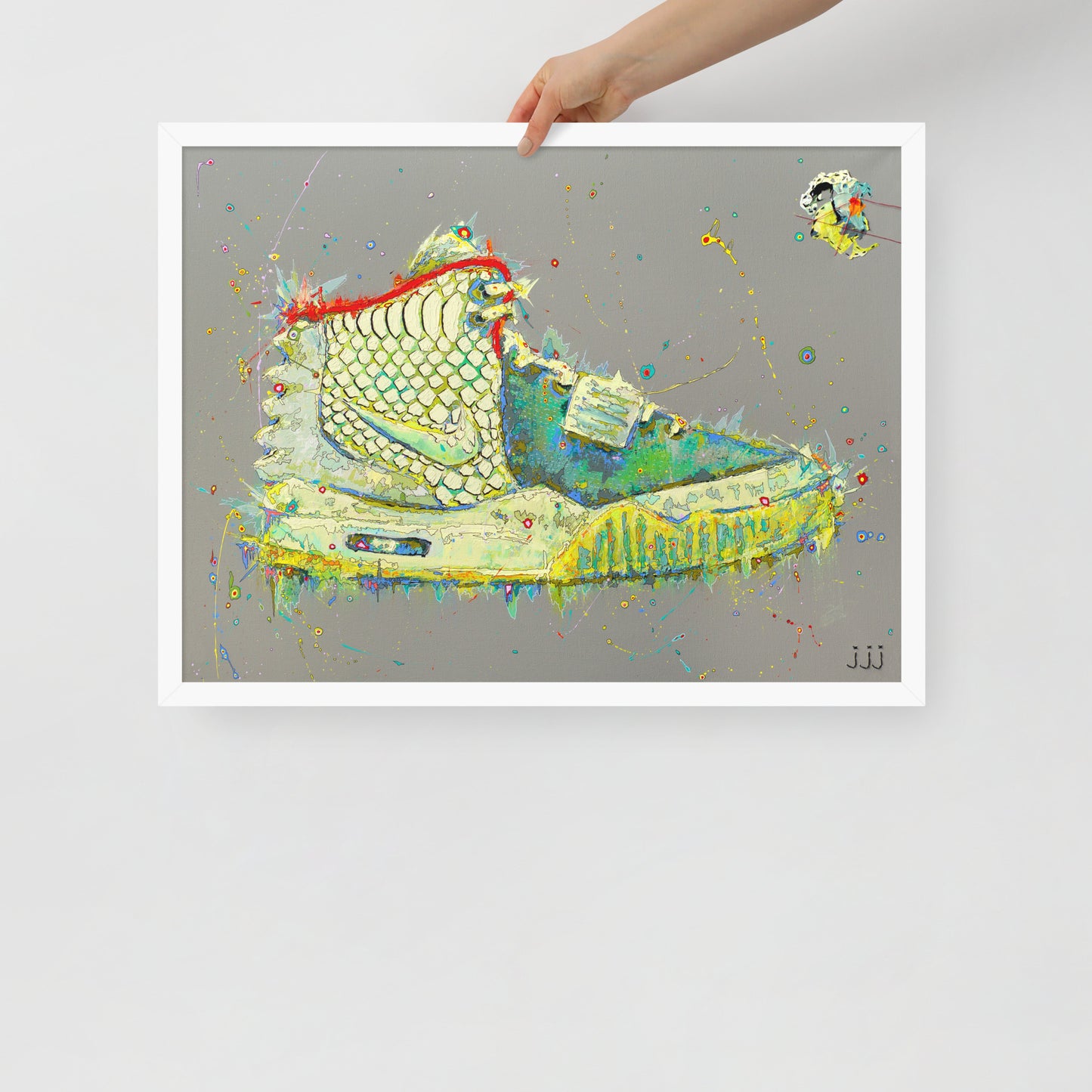 "Fine art framed print on matte paper of Air Yeezy 2 "Pure Platinum" painting | Emerging contemporary artist Kate Jensen | Katejjj.shop"